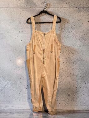 Free People Beige Utility Overalls with Front Zip and Side Pockets